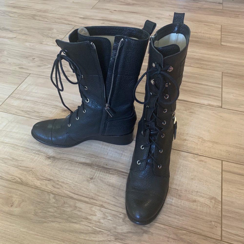 Michael Kors Black Leather Lace Up Inside Zip Boot